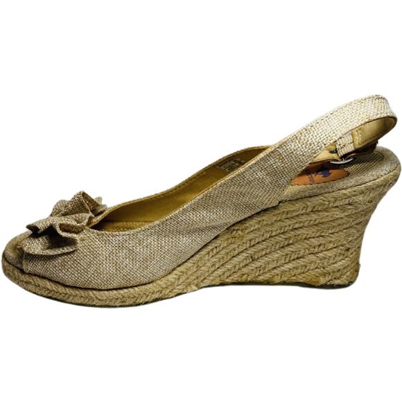 Rocket Dog Tan Canvas Burlap Bow Slingback Peep Toe Espadrilles 3" Heel Size 8 - Picture 7 of 8